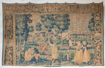  Tapestry depicting gallant scenes in a wooded...