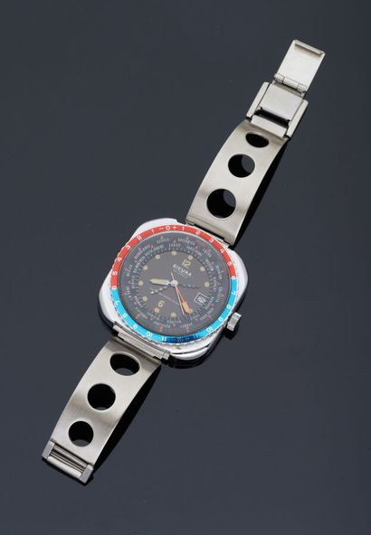 null SICURA - Montre d'homme en acier GLOBETROTTER, bracelet acier ajouré de ronds.

Circa...