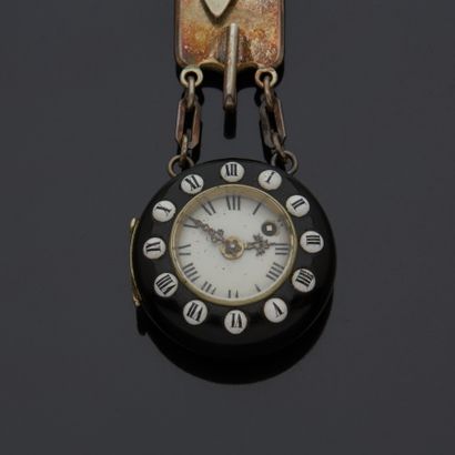  Silver (925 thousandths) and onyx chatelaine holding a pocket watch mechanism signed...