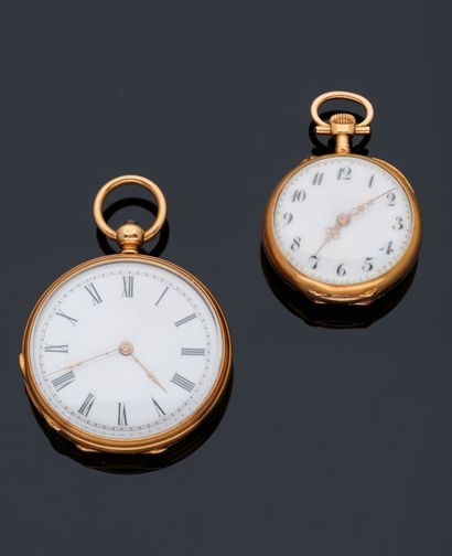 null Two 18 k (750 thousandths) yellow gold collar watches with white enamel dials.

Total...