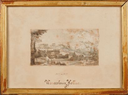 null Attribué à Wenceslaus HOLLAR VON PRACHNA (1607-1677)
Vue de village et de ses...