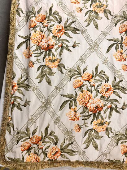 Pair of curtains in moire printed with peonies...