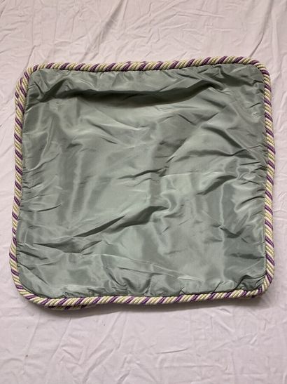 null A pair of square cushion covers in celadon green taffeta. Yellow wired piping,...