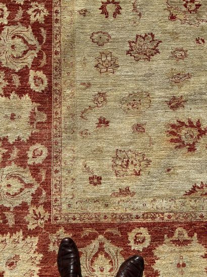 null Large Farhan wool carpet with floral decoration in the Agra style, celadon green...