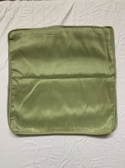 null A pair of square cushion covers in celadon green taffeta. Yellow wired piping,...
