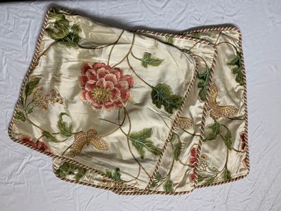 null 
Colefax & Flower, Oriental Poppy, cream pink & green. Three square cushion...