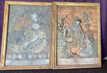 null Deux scènes représentant saint Martin et une scène galante en patchwork de gravures...