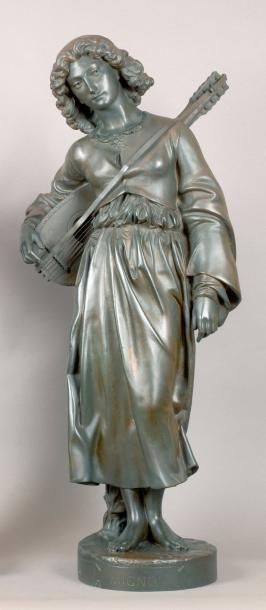 Alexandre FALGUIERE (d'après) Mignon Statue en bronze à patine foncée. Signée et...