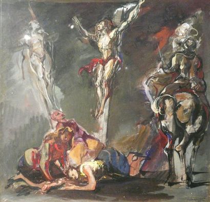 Jacques DESPIERRE (1912-1995) Descente de croix Huile sur papier 34 x 36 cm
