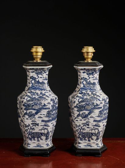 Pair of baluster lamps in white and blue...