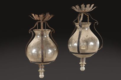 Pair of lanterns in blown glass and wrought...