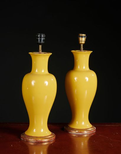 null Vaughan Designs, Fishtail vase. A pair of vase lamps in yellow porcelain. Gilded...