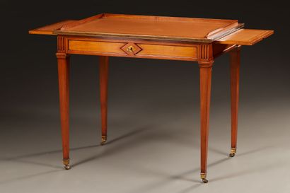 null Small neoclassical style desk, in natural wood, opening with a drawer in the...