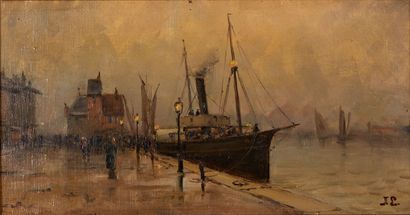 null Ecole Française du XXe siècle
Steamship at the quay, rainy weather. 
Oil on...