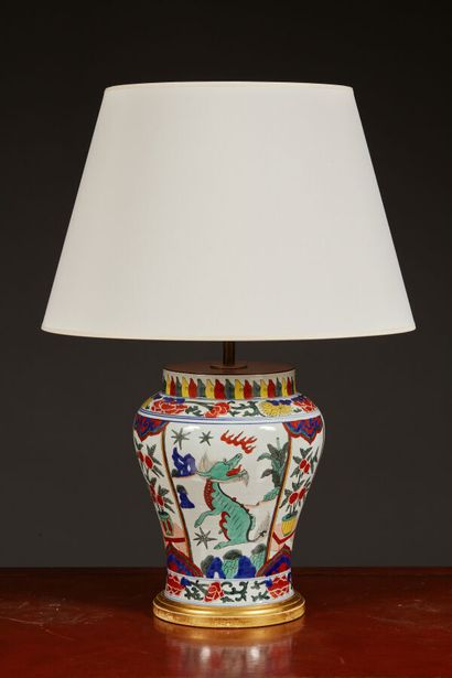 null Vaughan Designs. An enameled porcelain vase lamp decorated with potted flowers...