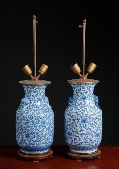 Pair of vase lamps in white and blue Chinese...