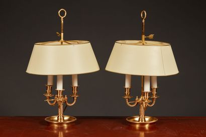 null Pair of brushed brass bouillotte lamps with three arms of lights. Lampshade...