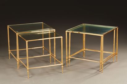 null Pair of square gilt metal nesting tables with glass tops (chips). Upright fluted...