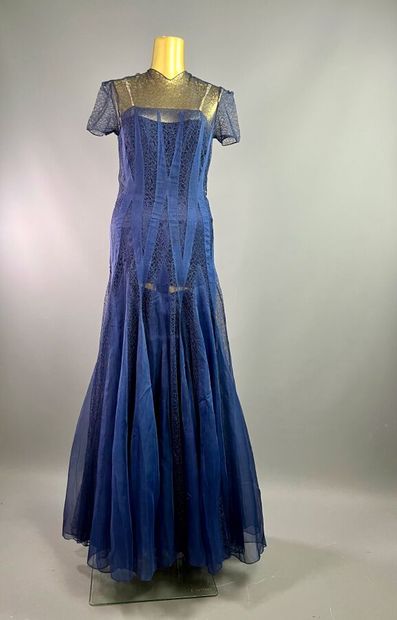 null JEAN PATOU Robe du soir en soie et dentelle bleu nuit - haute couture - Vers...