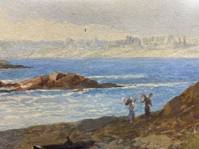 null V. DE WAHG JACKSON (XIXeme siècle) 
Vue de la côte Bretonne animée de voyageurs...