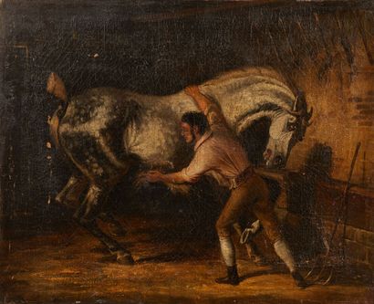null Ecole française du XIXe siècle
Garçon d'écurie soignant un cheval gris pommelé.
Huile...