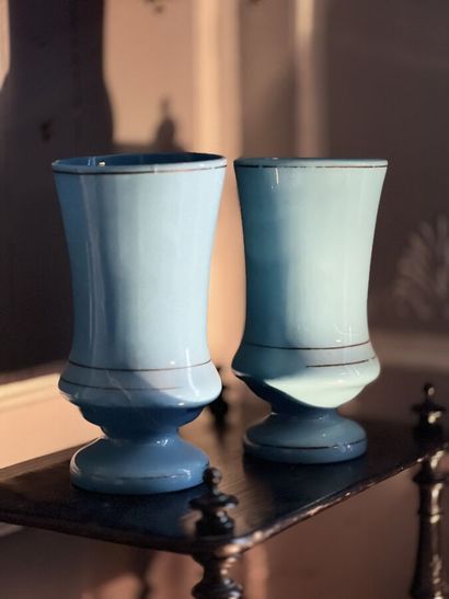 Pair of blue opaline glass vases with net...