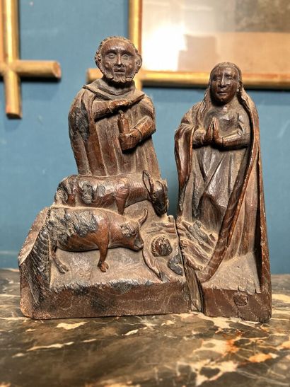 null Sculpture en bois sculpté représentant la Nativité, Marie, Joseph, l'enfant...