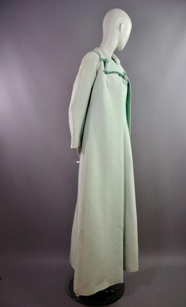 null Ensemble du soir en soie vert d'eau et strass - robe et manteau T 42 Années...