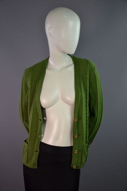 null CÉLINE PARIS Gilet cardigan en laine vert kaki boutons couture Taille S - Années...