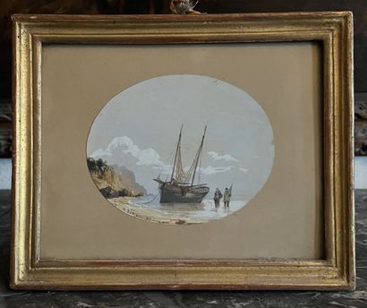 null A. DESCORMIERS (19th century)
Seaside, fishermen
Two oval gouaches signed lower...