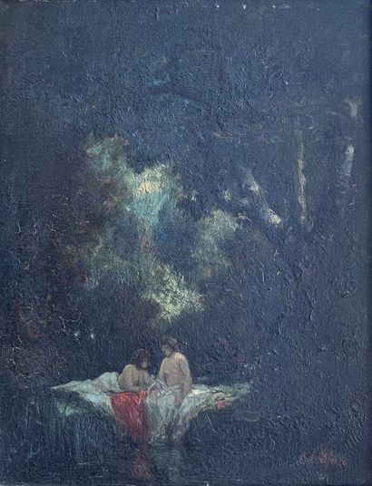 null Adolphe LEFEVRE (1834-1868)
Femmes nues au bord d'une rivière dans les bois
Huile...