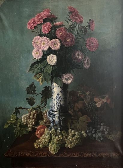 null MOIGNIEZ (19th century)
Still life with flowers and grapes 
Oil on canvas, signed...