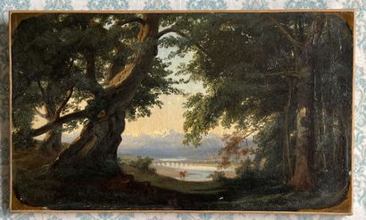 null 19th century FRENCH school
Mountainous landscape, bridge seen from an undergrowth
Oil...
