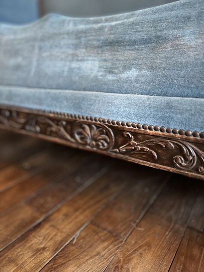 null Large stained natural wood bench with carved decoration of foliage scrolls,...