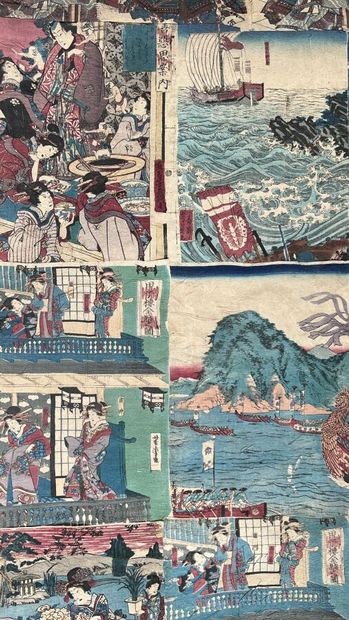 null Two paper scrolls decorated with numerous Japanese polychrome engravings (Tears...