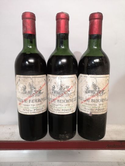 null 3 bouteilles Château BEYCHEVELLE - 4ème Gcc Saint Julien 1958 Étiquettes tachées,...