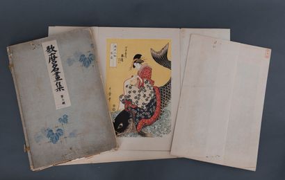 Cartonnage contenant 6 estampes Japonaises,...