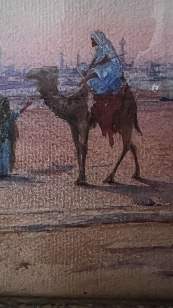 null Marcel BLAIRAT (1849/55-?)
Halte du chameau devant le Caire
Aquarelle, signée...
