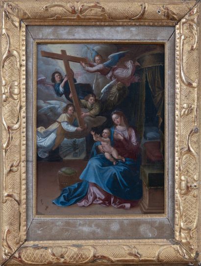null Ecole Italienne du XVIeme siècle 
Vierge à l'Enfant, les anges portant la Croix
Huile...