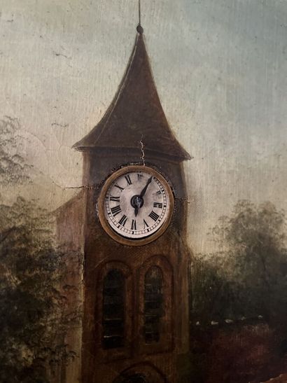 null Ecole française du XIXe siècle
Tableau horloge, ville animé en bord de rivière,...