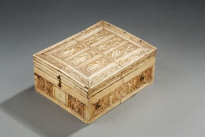 Wooden case with bone plates carved in bas-relief,...