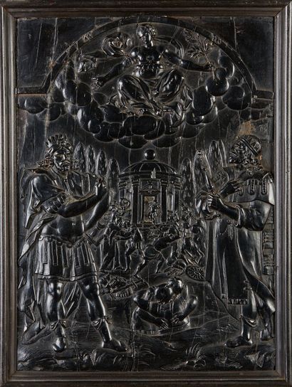 Ebony panel carved in bas-relief depicting...