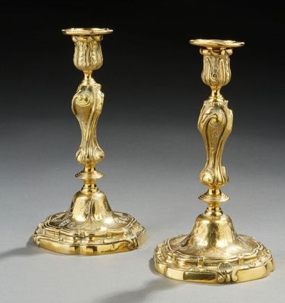 Pair of bronze candlesticks with rocaille...