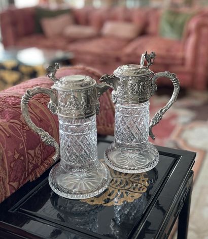 Pair of cut crystal wine decanters, silver...