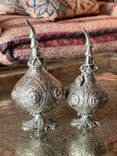 Two silver-plated rosewater sprinklers decorated...