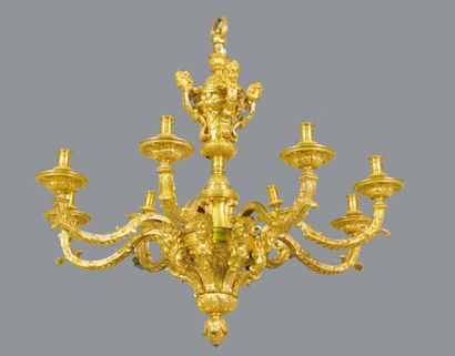 null Lustre en bronze ciselé et doré à huit bras de lumière à décor d'espagnolettes,...