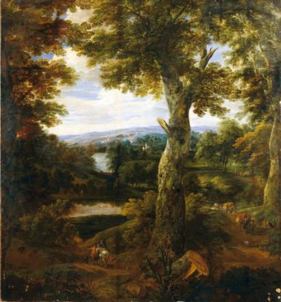 Attribué à Jean-Baptiste HUYSMANS (1654-1716) Paysage boisé au chemin creux Toile....
