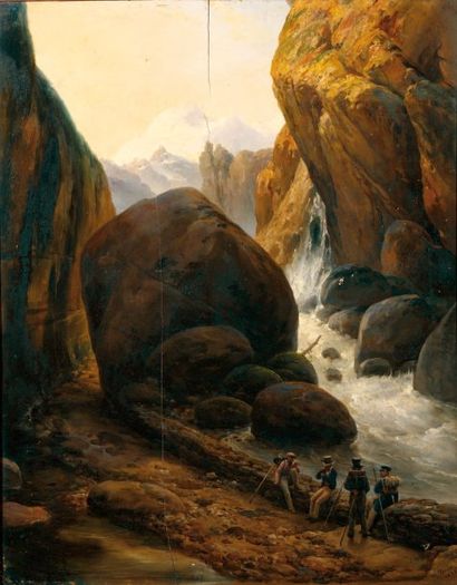 Horace VERNET (Paris 1789-1863) Groupe d'alpinistes progressant vers le Mont Blanc...