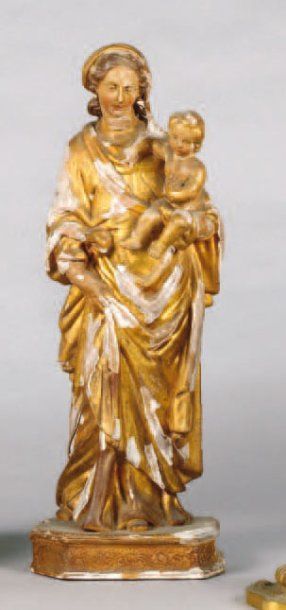 null Statuette en bois sculpté et doré représentant la Vierge à l'Enfant. XVIIIe...