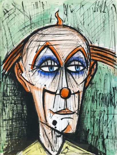 Bernard BUFFET (1928-1999) Clown, fond vert Aquarelle signée en bas à droite et datée...